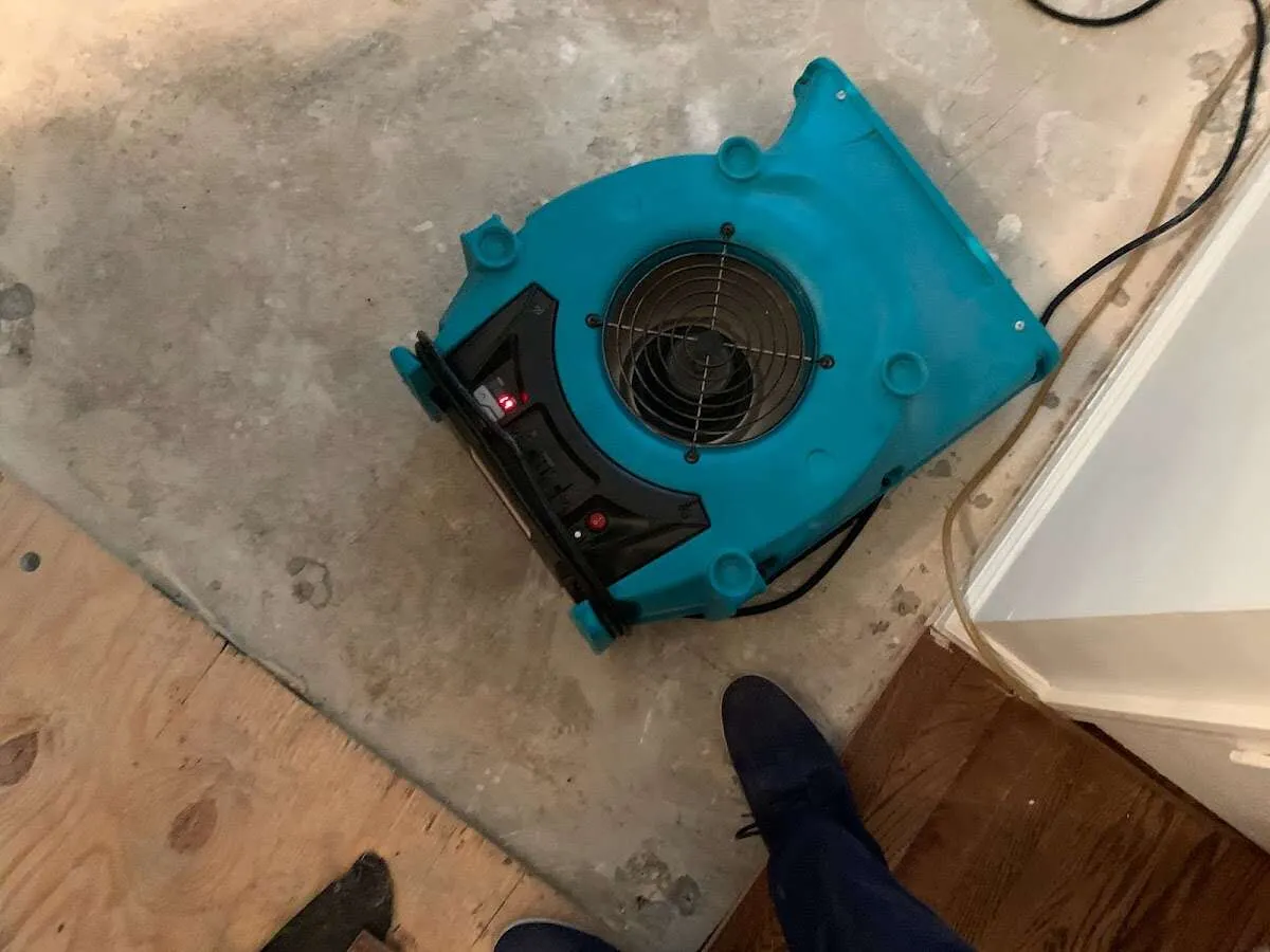 Air mover drying subfloor during Commercial Water Damage Restoration in Cuero